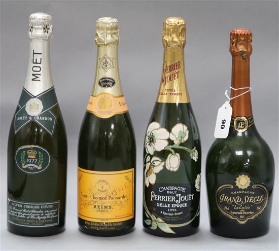 Four bottles of champagne -Perrier Jouet Belle Epoque 1996, Moet & Chandon Silver Jubilee 1977, Veuve Clicquot and Laurent Perrier Gra